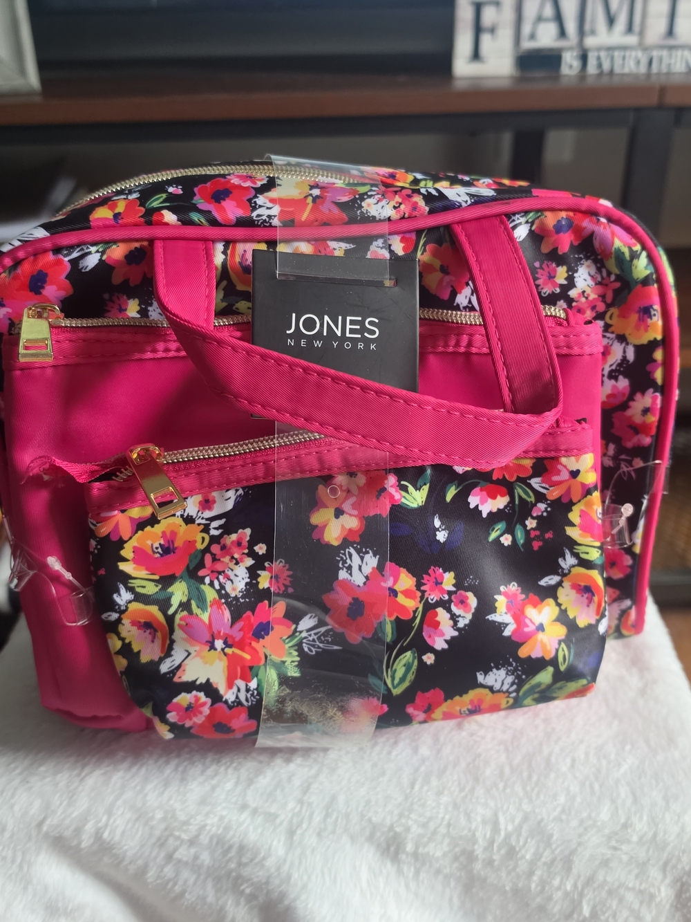 Jones New York 3 Piece Floral Black & Hot Pink Travel Tote